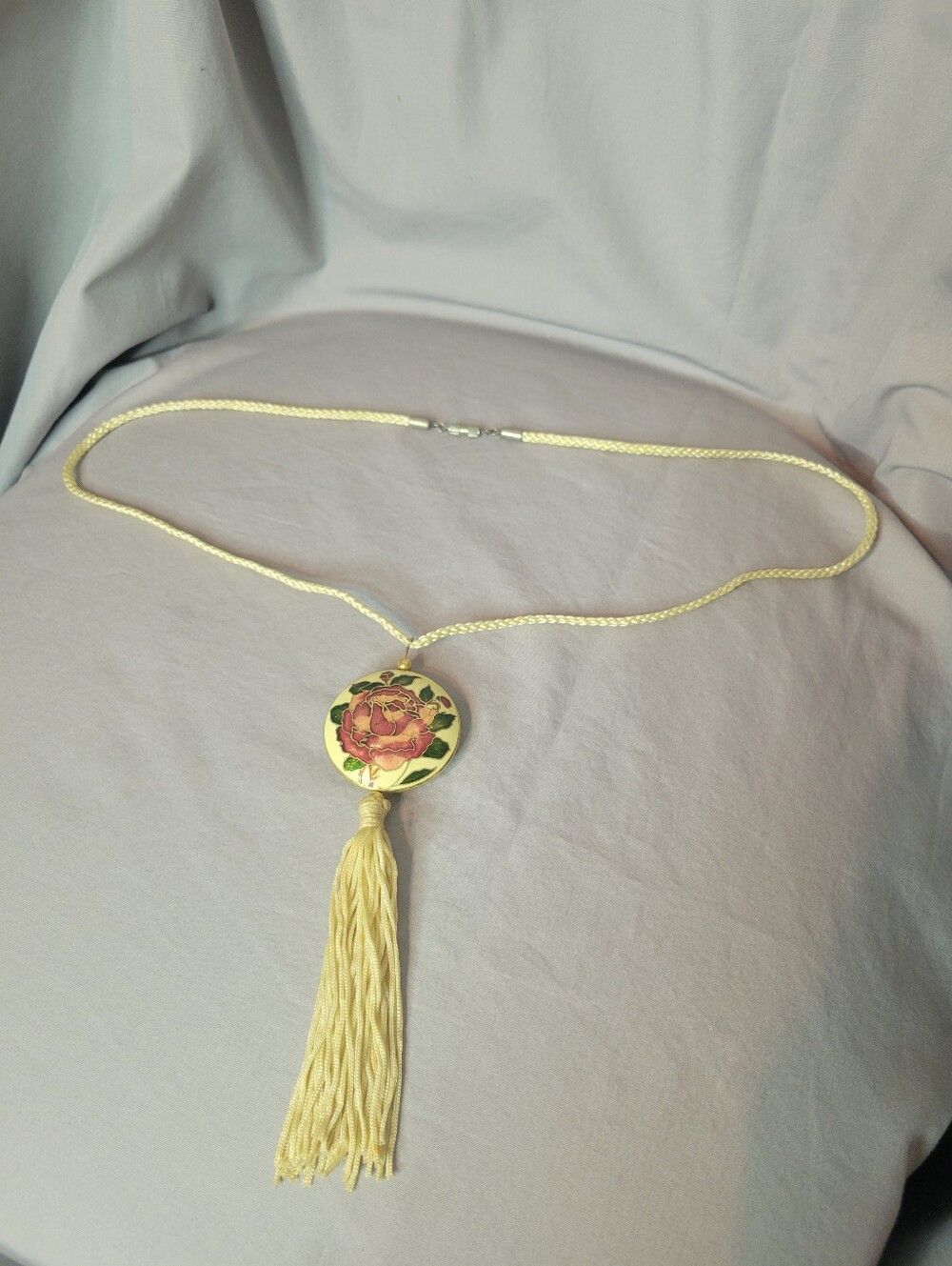 Vintage Cream Tassel Necklace with Pink Rose Medallion Design